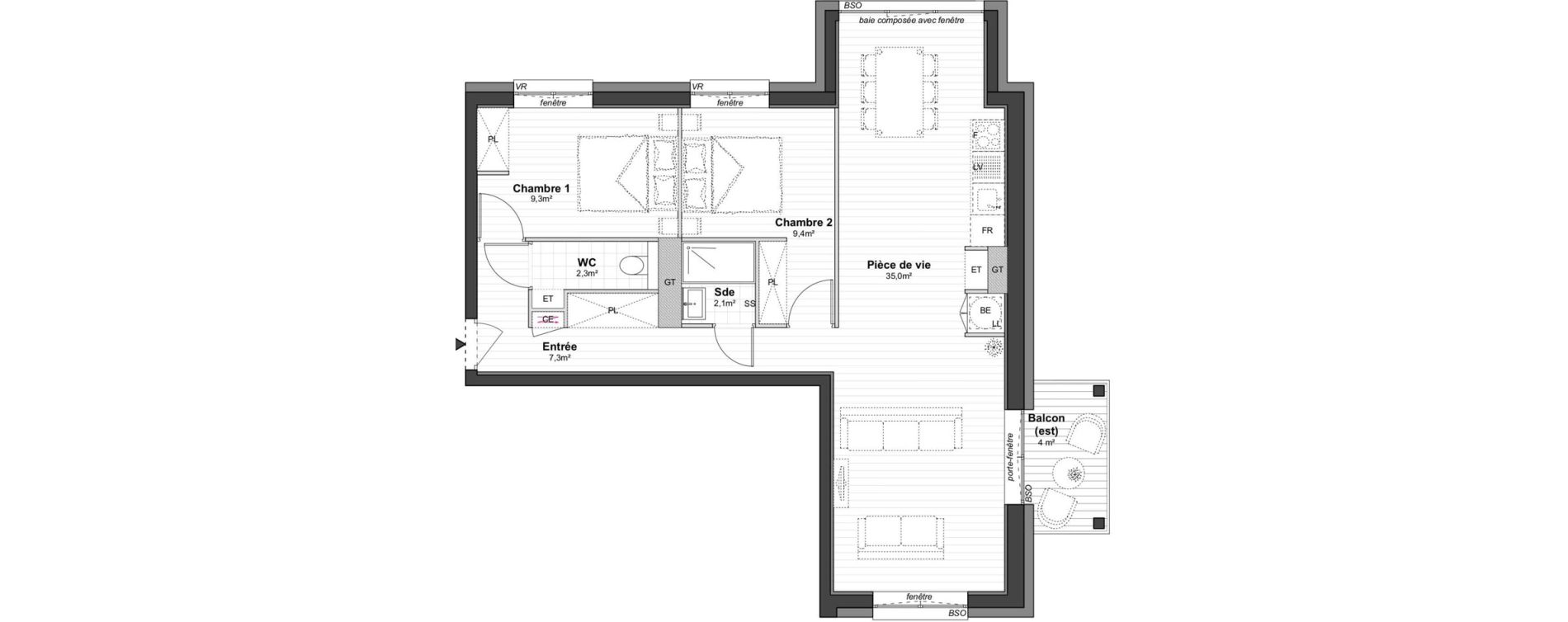 Appartement T3 de 65,40 m2 &agrave; Lyon Jean-jaur&egrave;s (7eme)