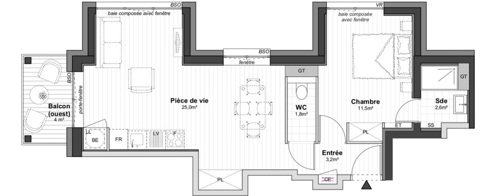 Appartement T2 de 44,10 m2 &agrave; Lyon Jean-jaur&egrave;s (7eme)