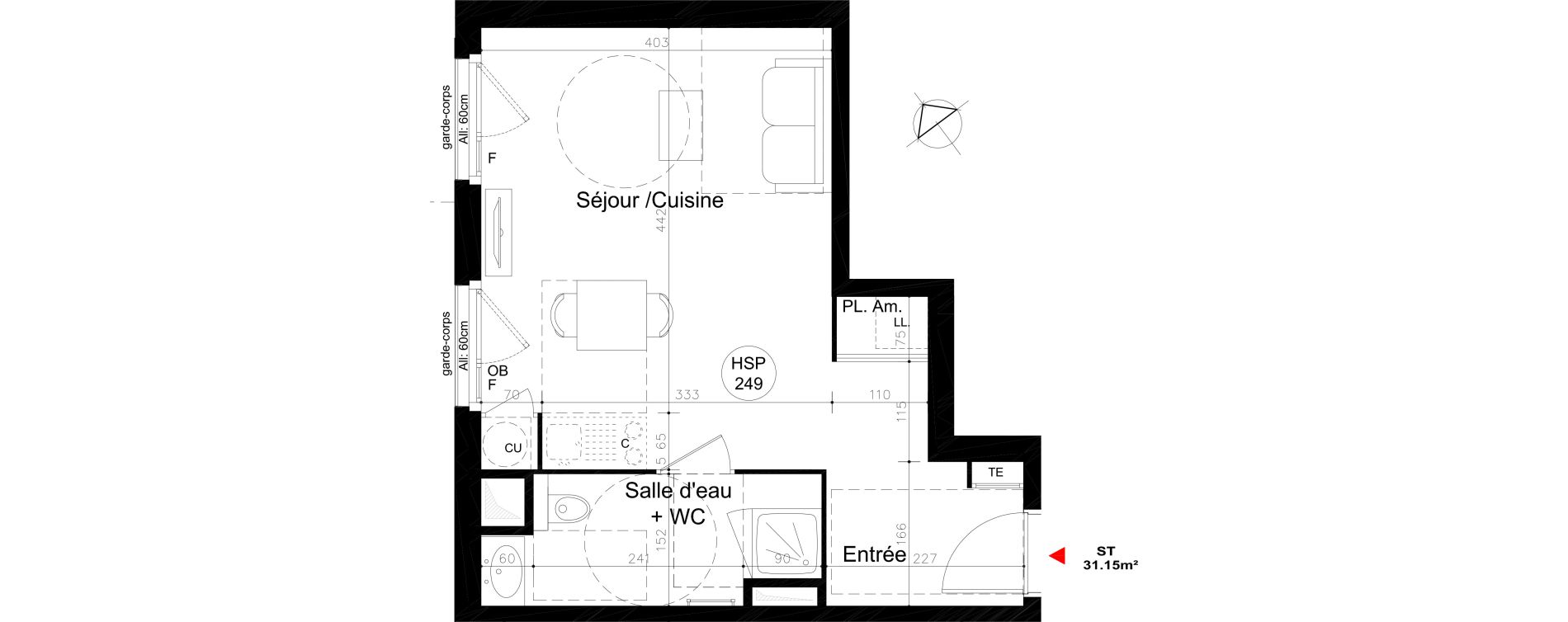 Appartement T1 de 31,15 m2 &agrave; Lyon Mermoz (8eme)