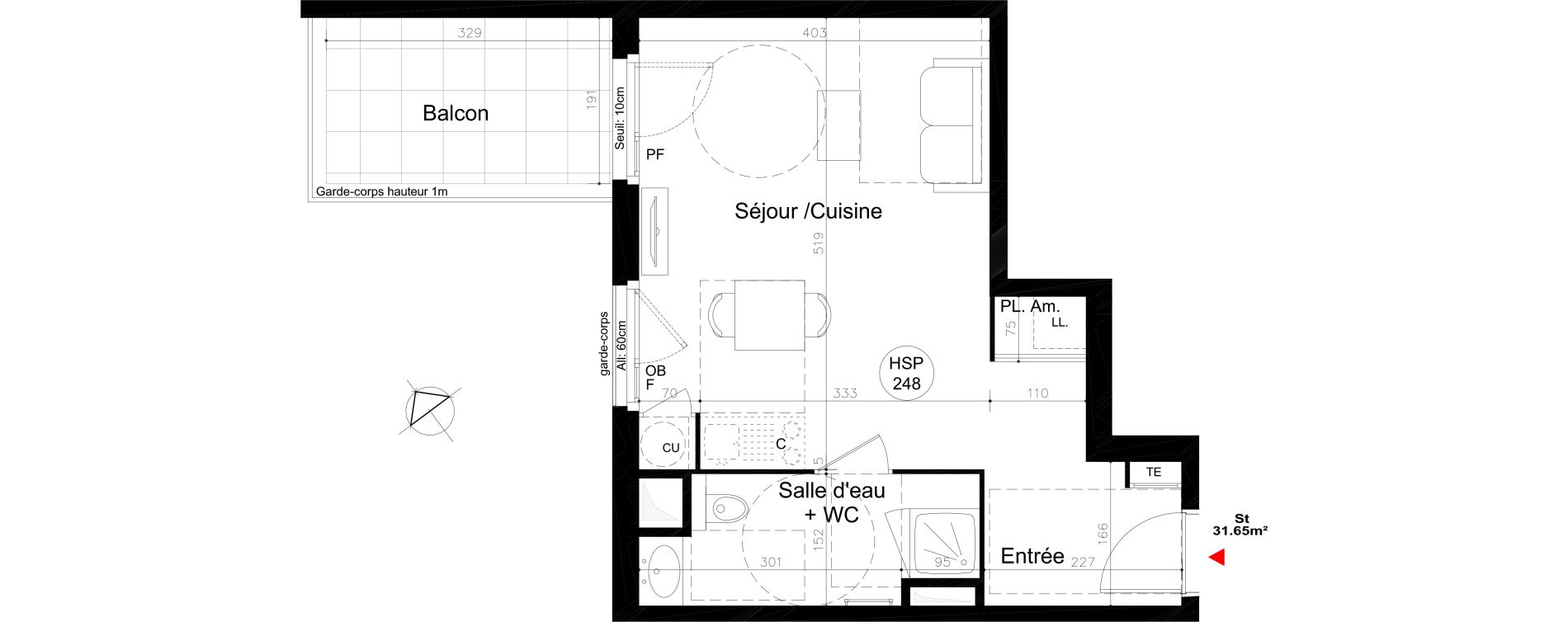 Appartement T1 de 31,65 m2 &agrave; Lyon Mermoz (8eme)