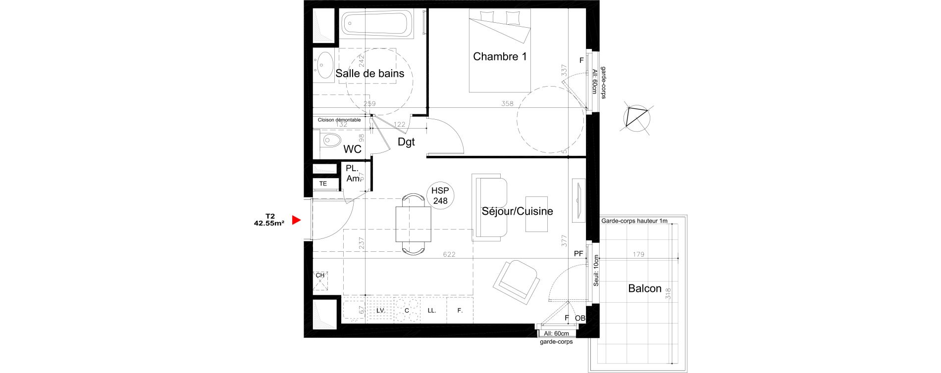 Appartement T2 de 42,55 m2 &agrave; Lyon Mermoz (8eme)