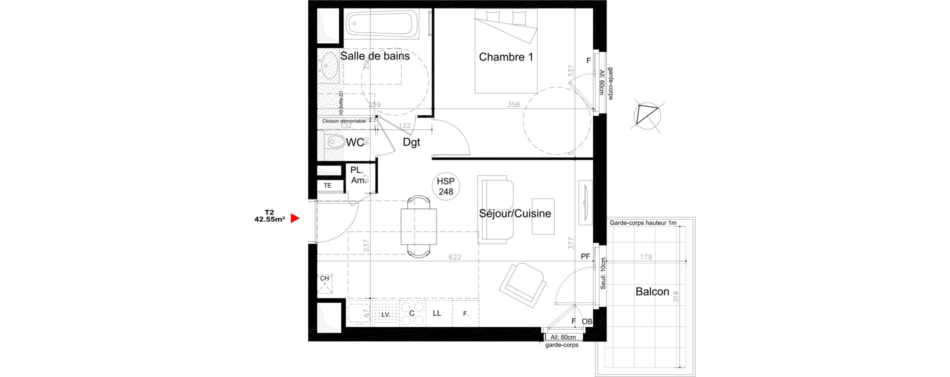 Appartement T2 de 42,55 m2 &agrave; Lyon Mermoz (8eme)