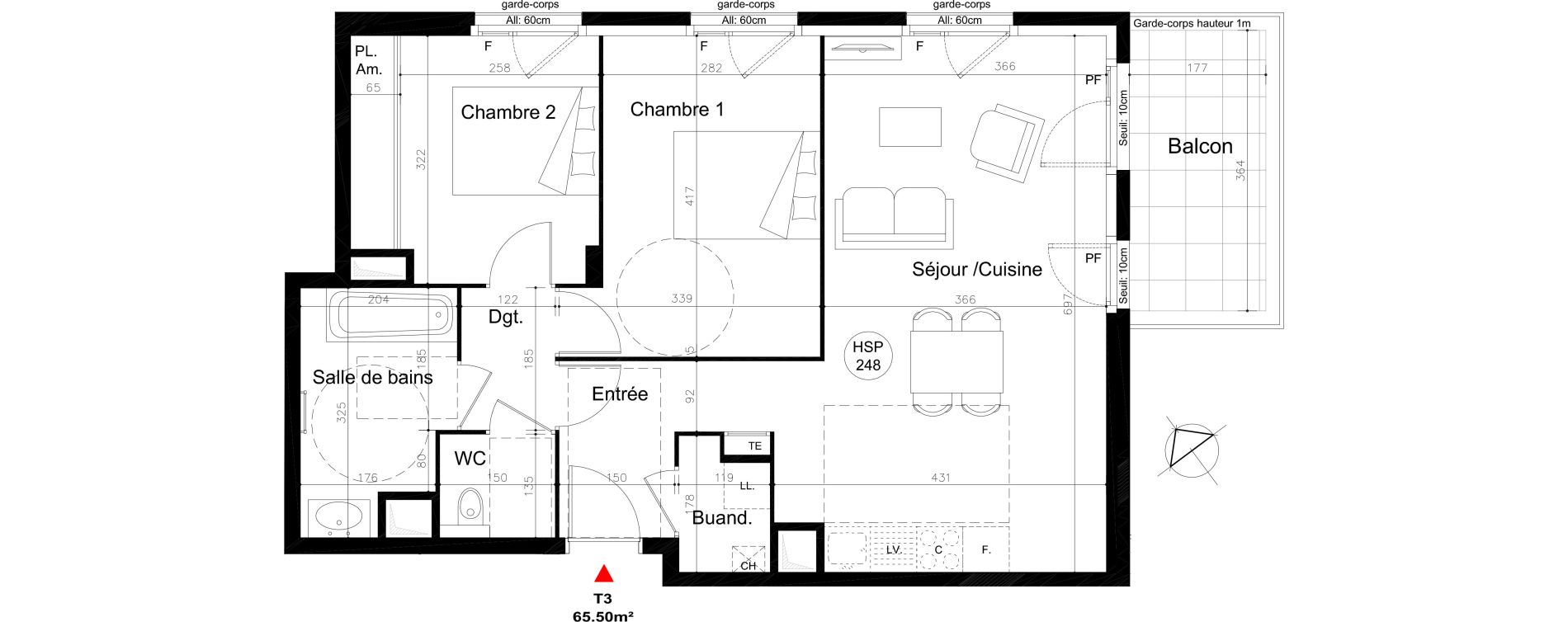 Appartement T3 de 65,50 m2 &agrave; Lyon Mermoz (8eme)