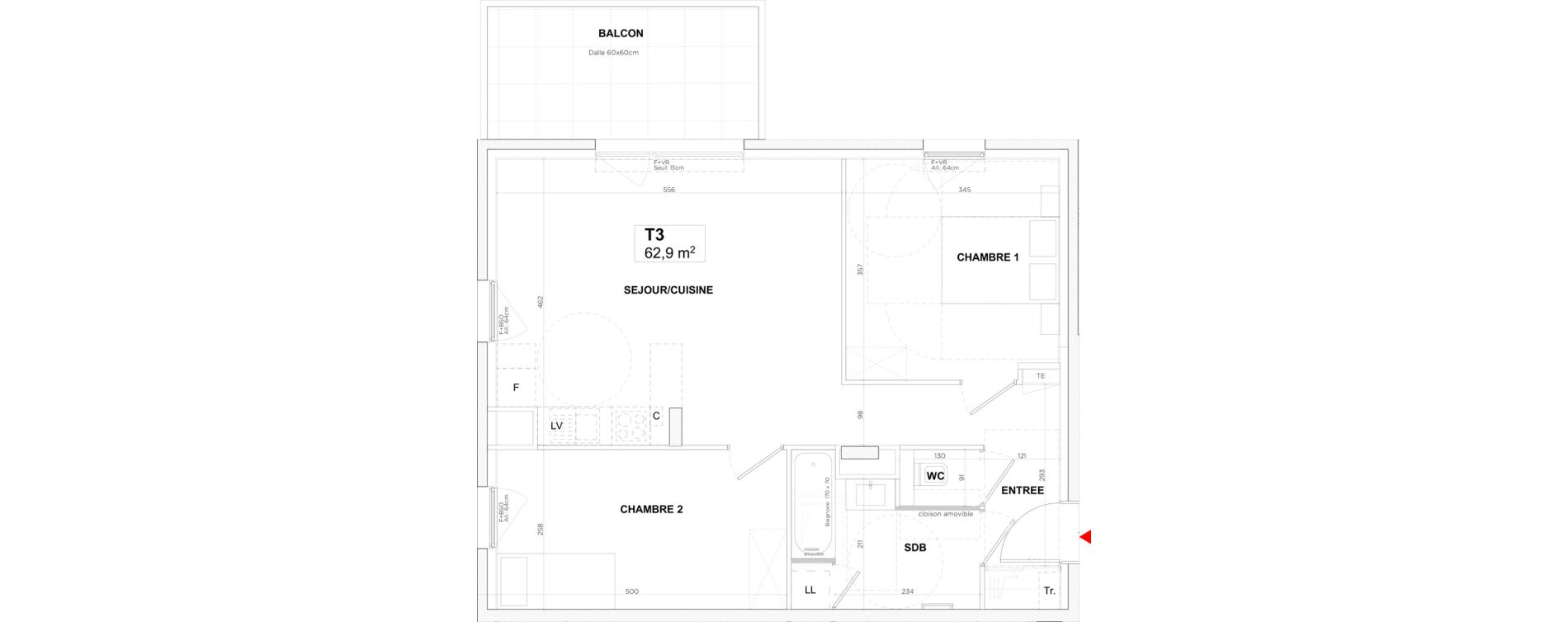 Appartement T3 de 62,90 m2 &agrave; Lyon Gerland (7eme)