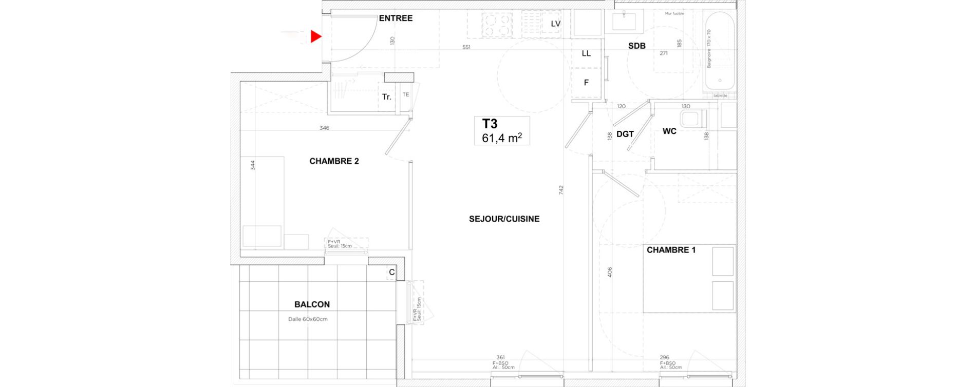 Appartement T3 de 61,40 m2 &agrave; Lyon Gerland (7eme)