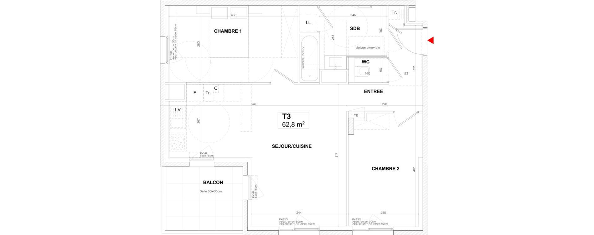 Appartement T3 de 62,80 m2 &agrave; Lyon Gerland (7eme)