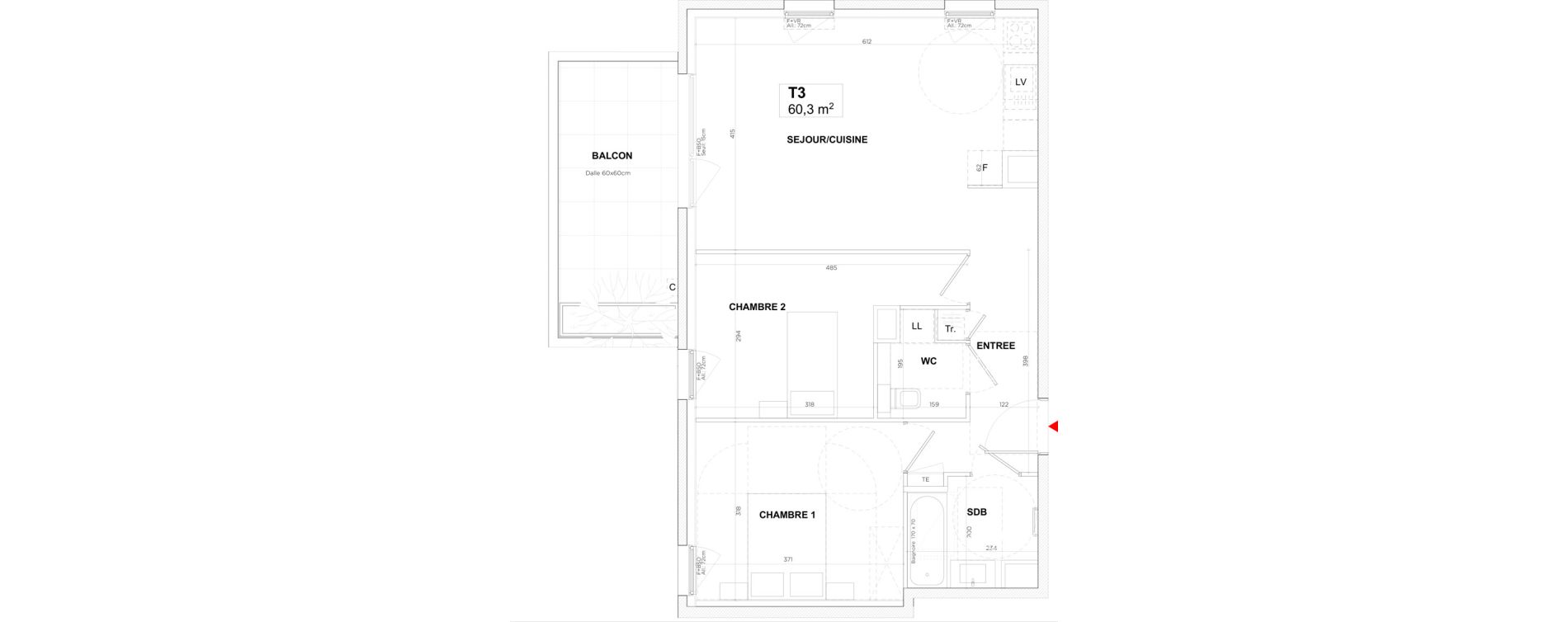 Appartement T3 de 60,30 m2 &agrave; Lyon Gerland (7eme)