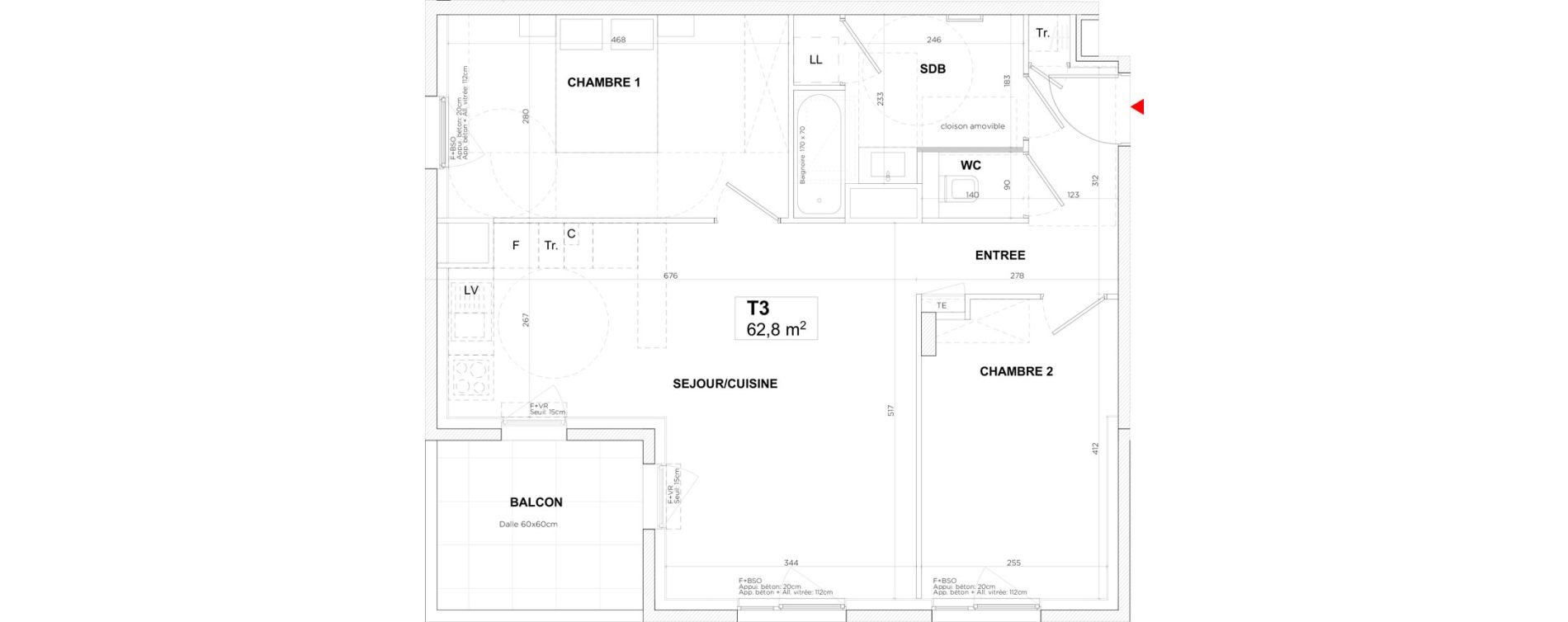 Appartement T3 de 62,80 m2 &agrave; Lyon Gerland (7eme)