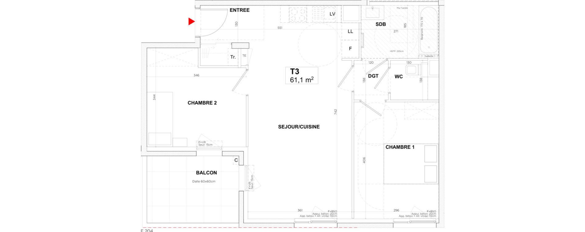 Appartement T3 de 61,10 m2 &agrave; Lyon Gerland (7eme)