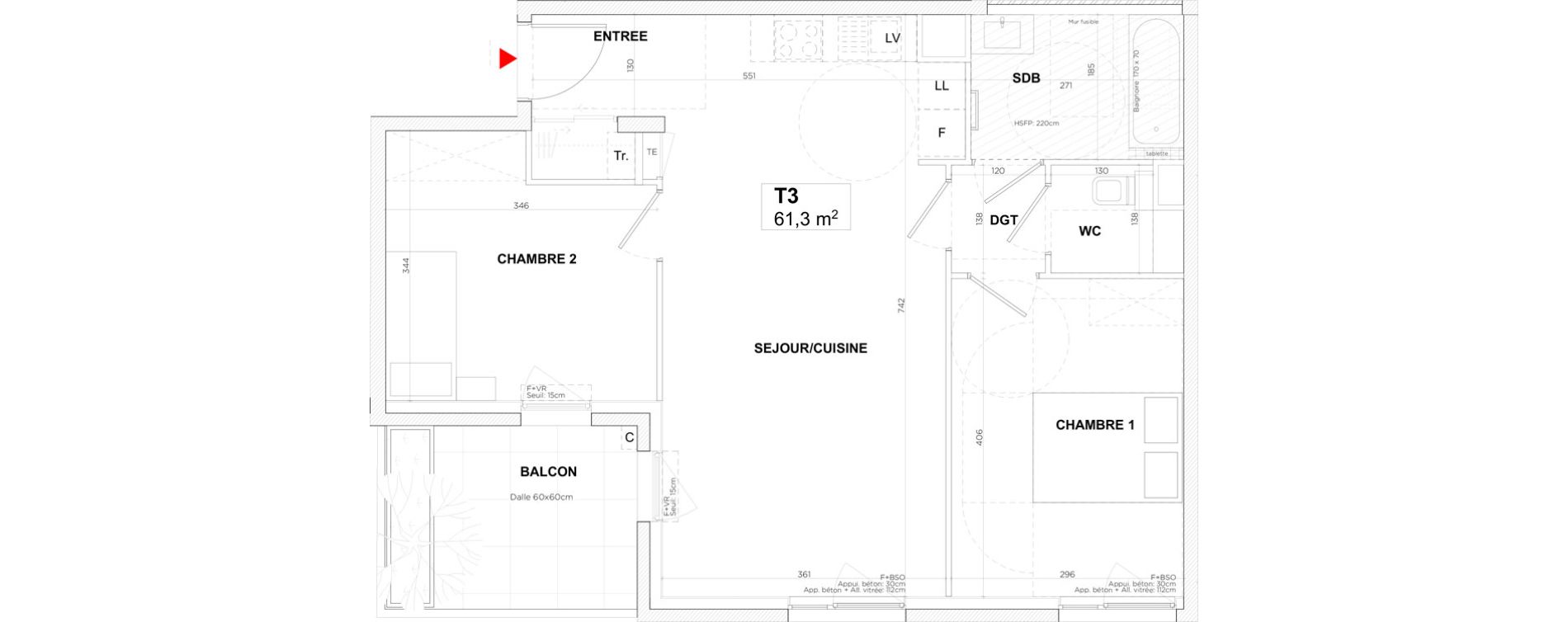 Appartement T3 de 61,30 m2 &agrave; Lyon Gerland (7eme)