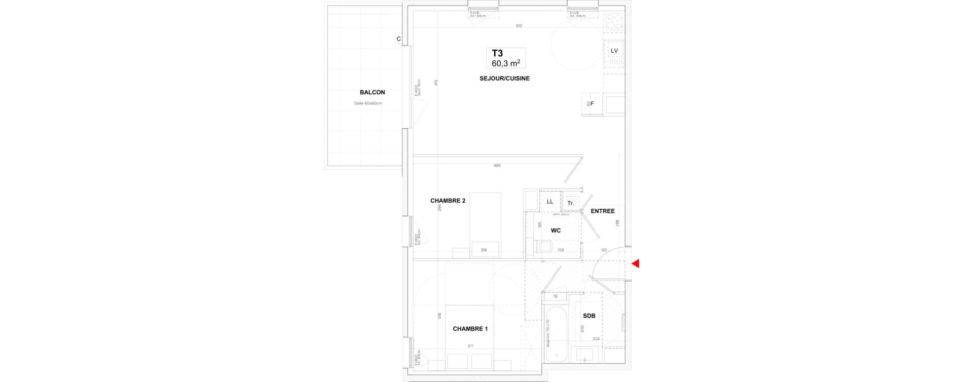 Appartement T3 de 60,30 m2 &agrave; Lyon Gerland (7eme)