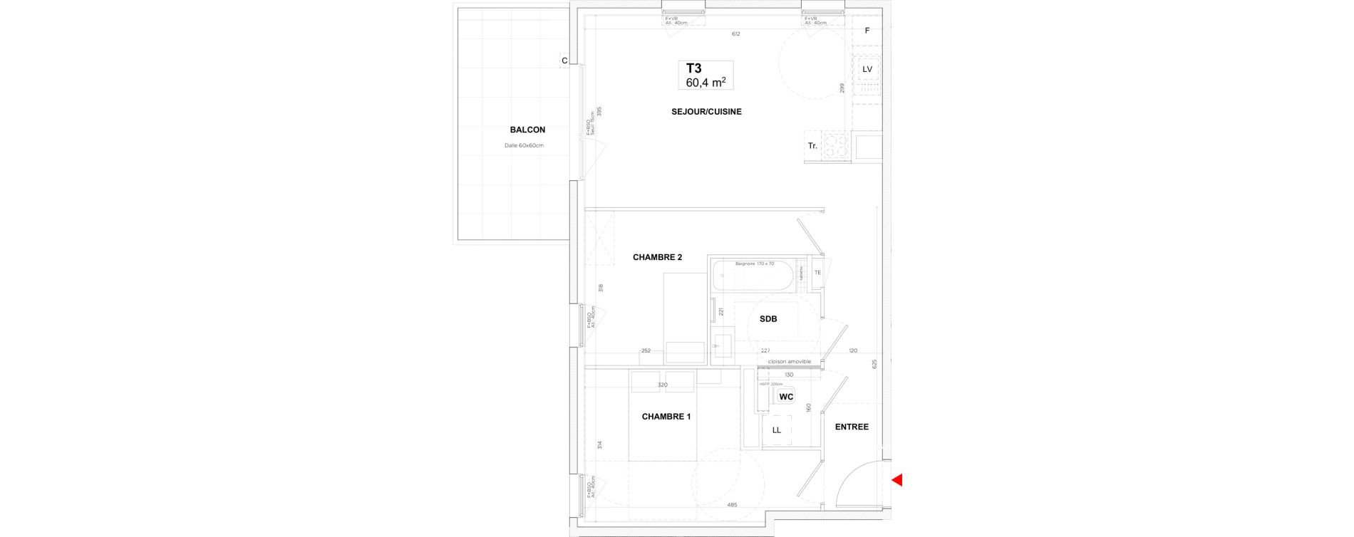 Appartement T3 de 60,40 m2 &agrave; Lyon Gerland (7eme)