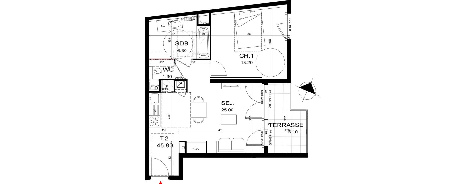 Appartement T2 de 45,80 m2 &agrave; Rillieux-La-Pape Cr&eacute;pieux
