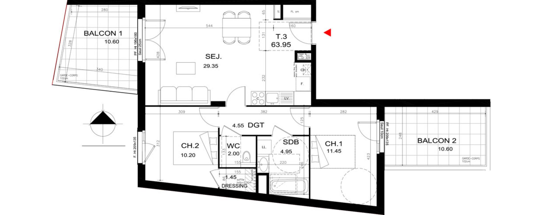 Appartement T3 de 63,95 m2 &agrave; Rillieux-La-Pape Cr&eacute;pieux