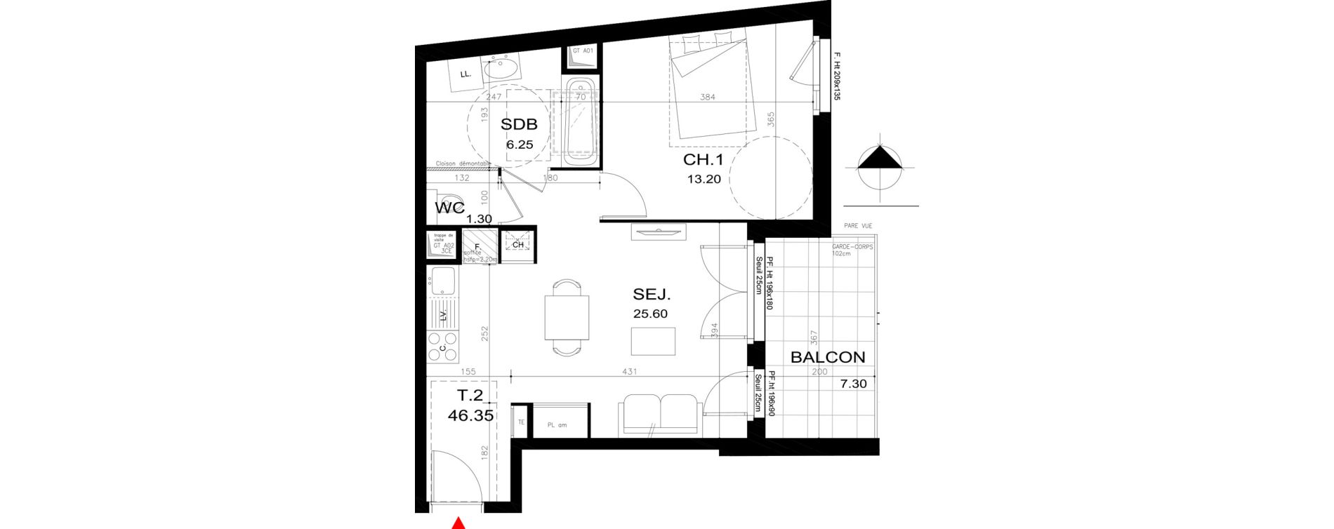 Appartement T2 de 43,65 m2 &agrave; Rillieux-La-Pape Cr&eacute;pieux