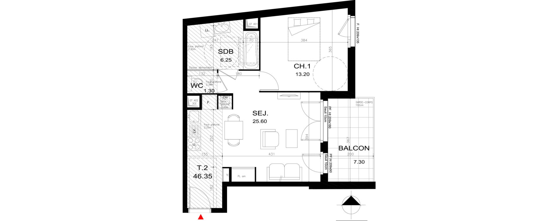 Appartement T2 de 46,35 m2 &agrave; Rillieux-La-Pape Cr&eacute;pieux
