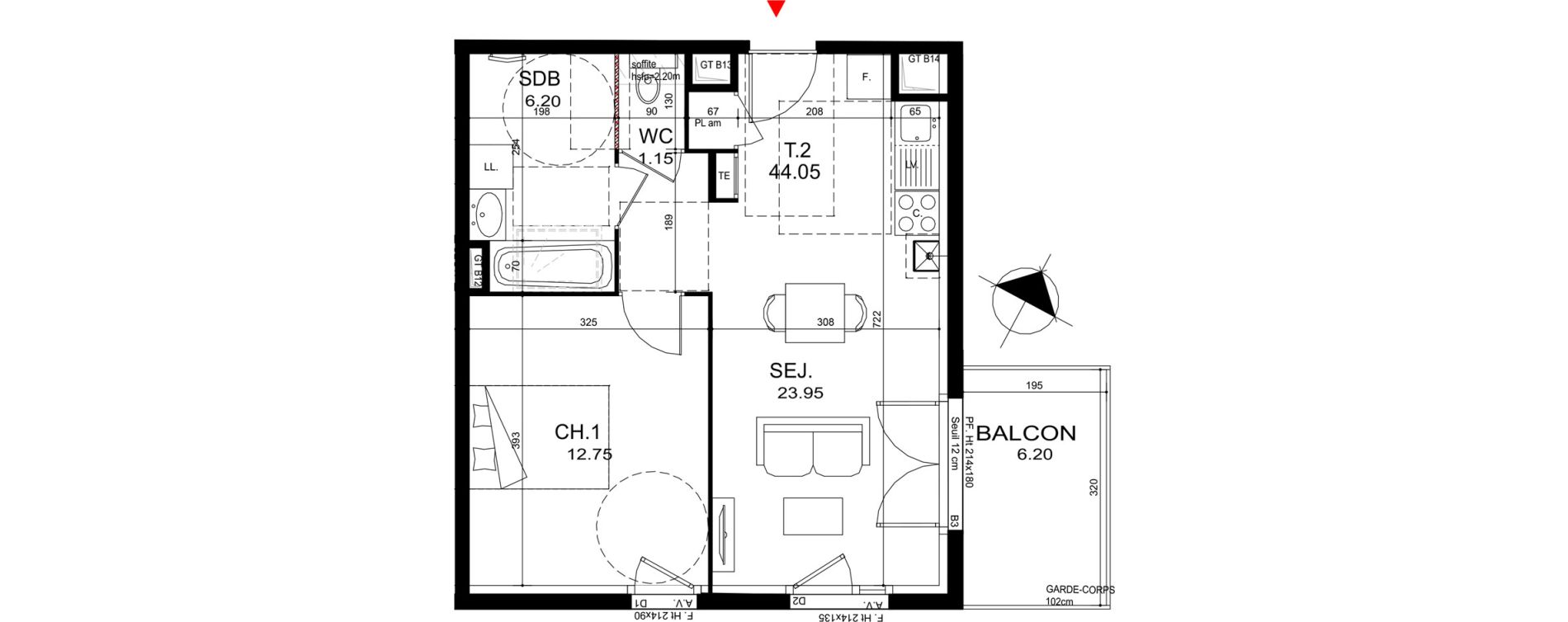 Appartement T2 de 44,05 m2 &agrave; Rillieux-La-Pape Cr&eacute;pieux