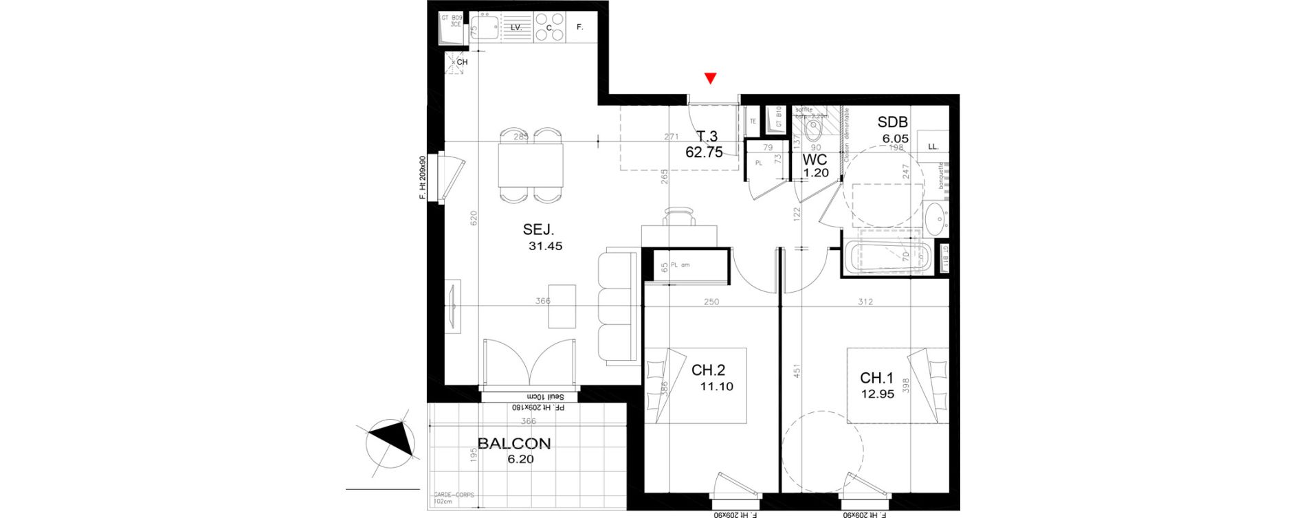 Appartement T3 de 62,75 m2 &agrave; Rillieux-La-Pape Cr&eacute;pieux