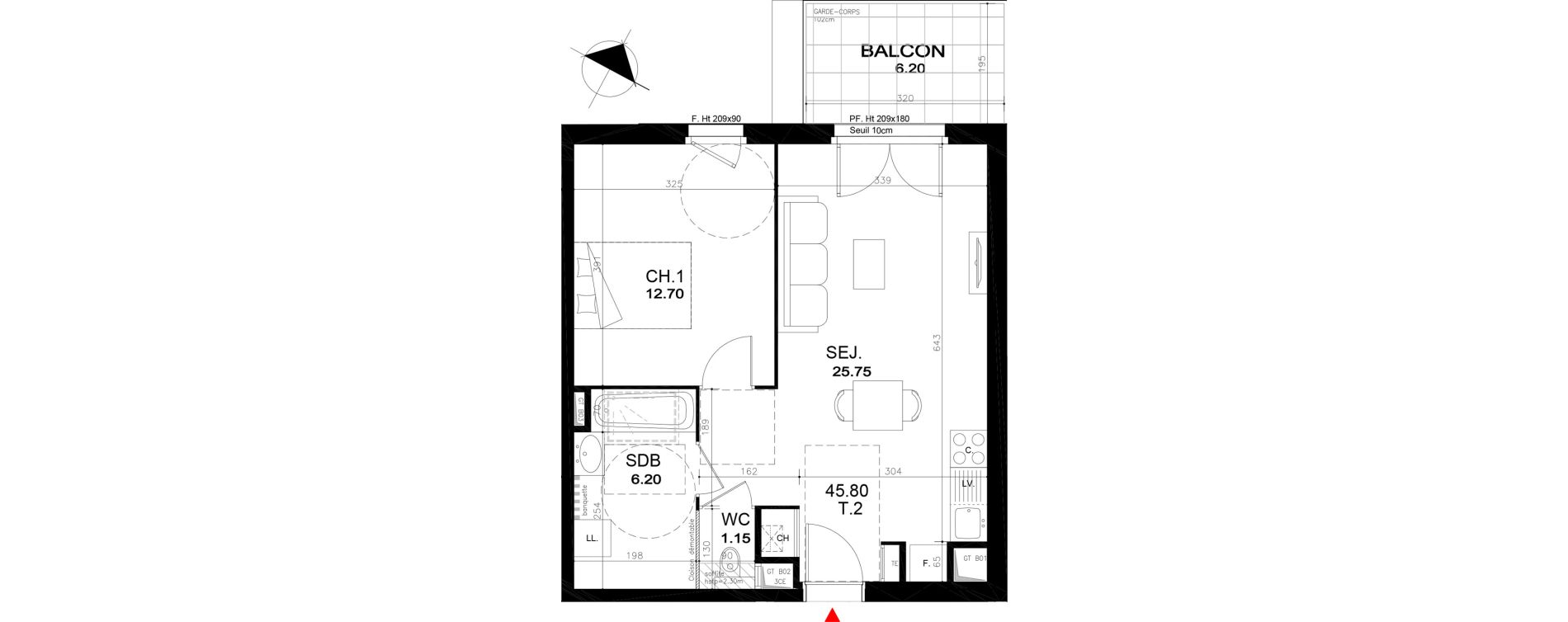 Appartement T2 de 45,80 m2 &agrave; Rillieux-La-Pape Cr&eacute;pieux