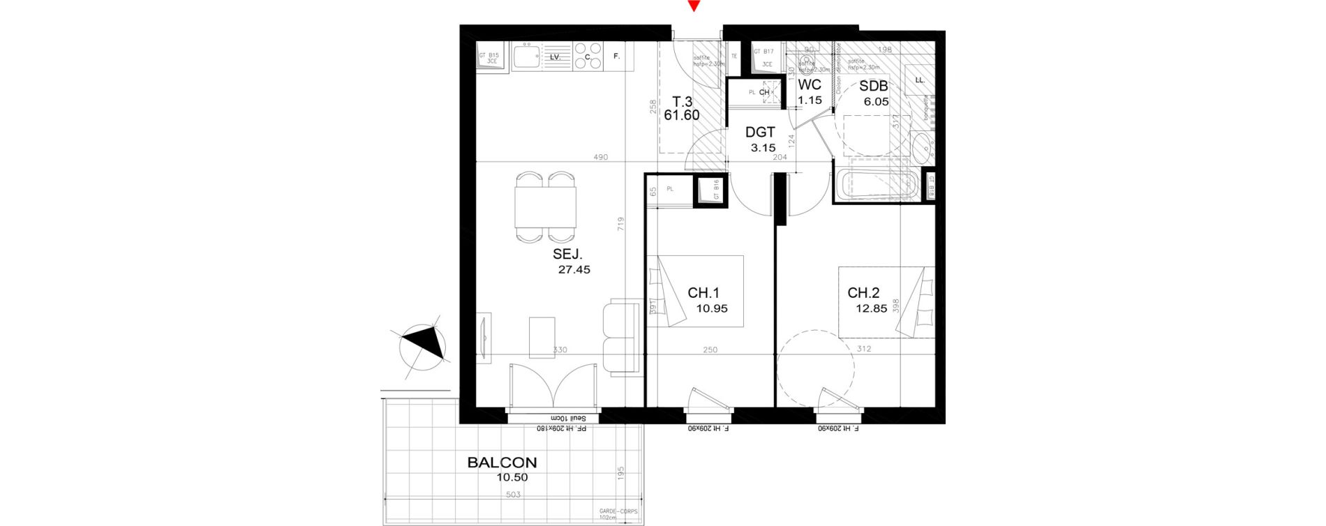 Appartement T3 de 61,60 m2 &agrave; Rillieux-La-Pape Cr&eacute;pieux
