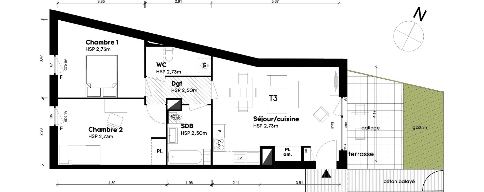 Appartement T3 de 60,96 m2 &agrave; Saint-Priest Centre
