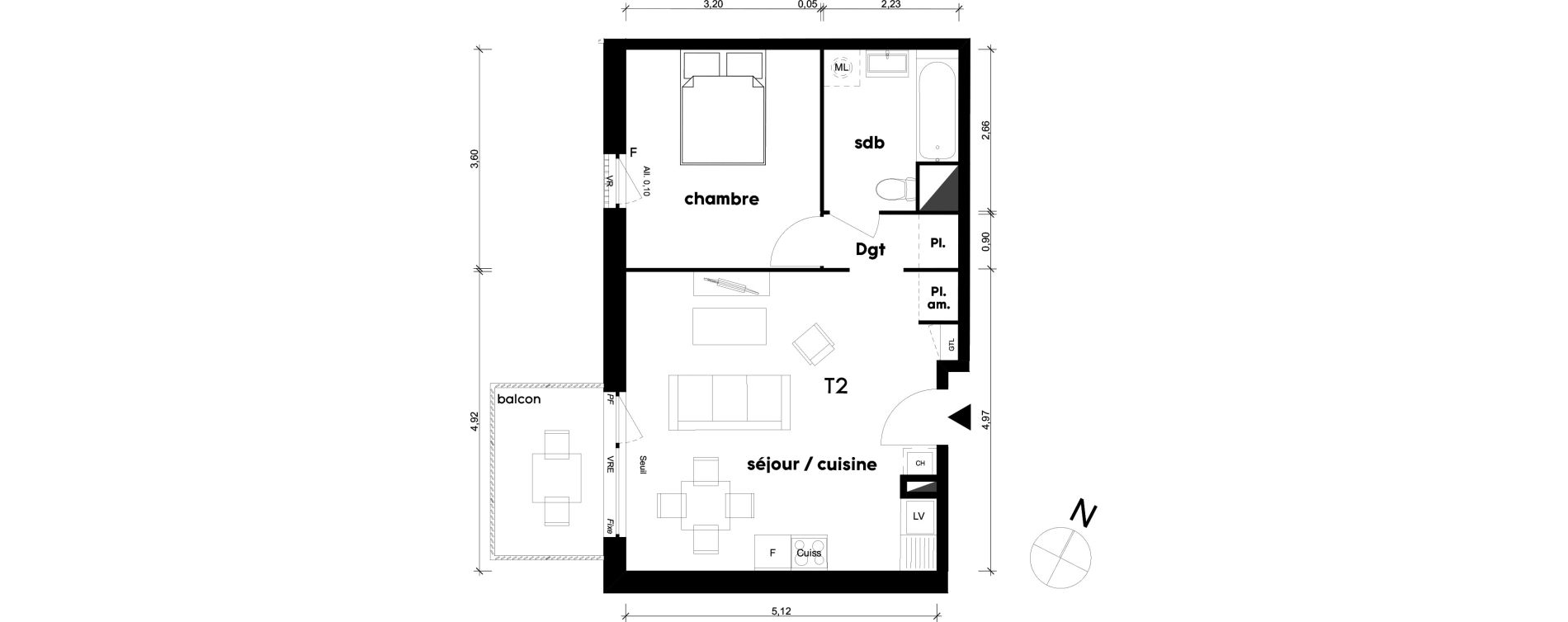 Appartement T2 de 44,17 m2 &agrave; Saint-Priest Centre