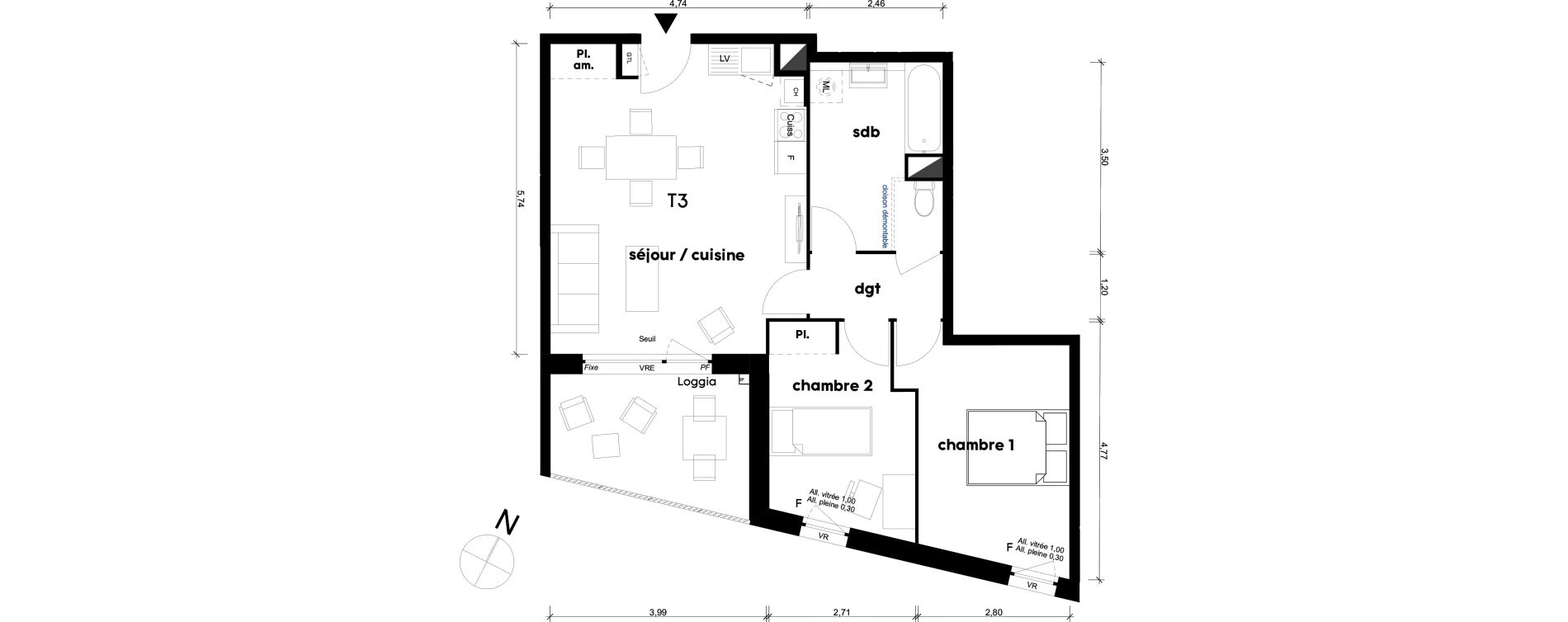 Appartement T3 de 59,05 m2 &agrave; Saint-Priest Centre