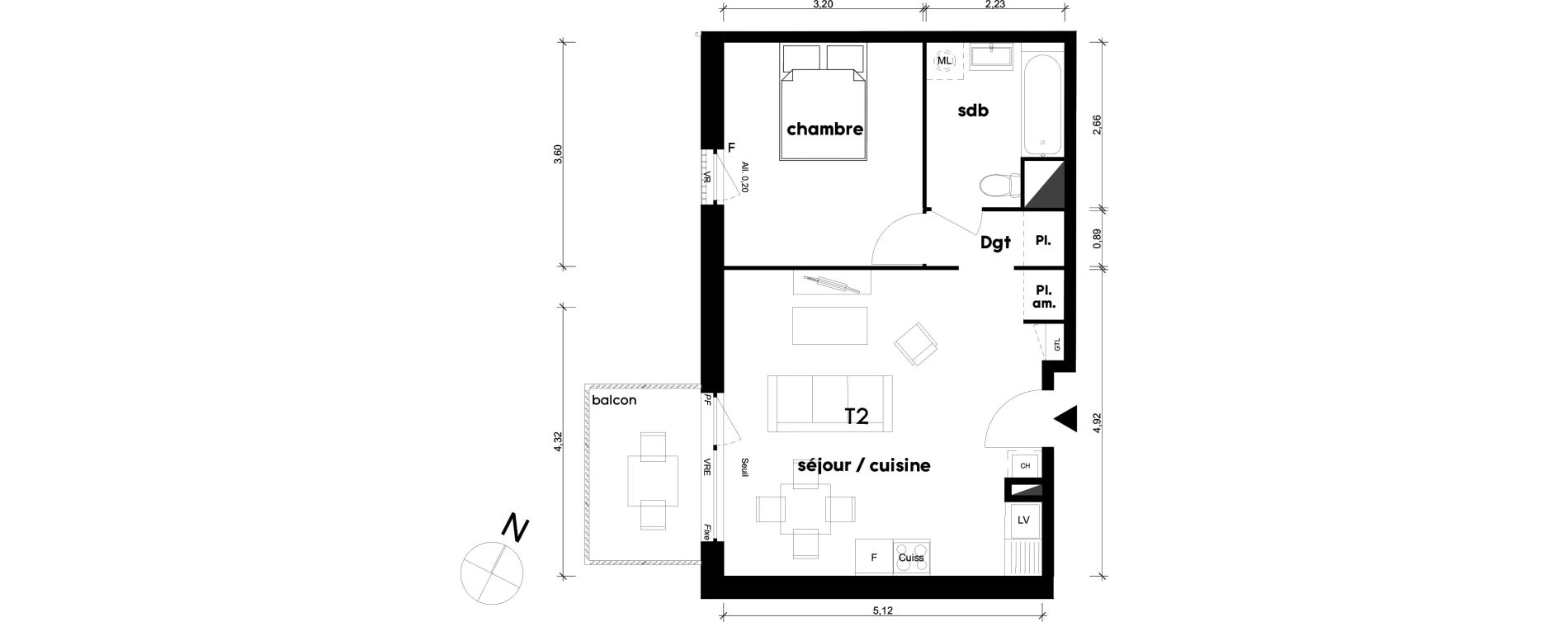 Appartement T2 de 44,13 m2 &agrave; Saint-Priest Centre