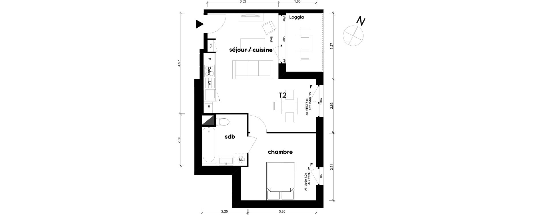 Appartement T2 de 41,15 m2 &agrave; Saint-Priest Centre