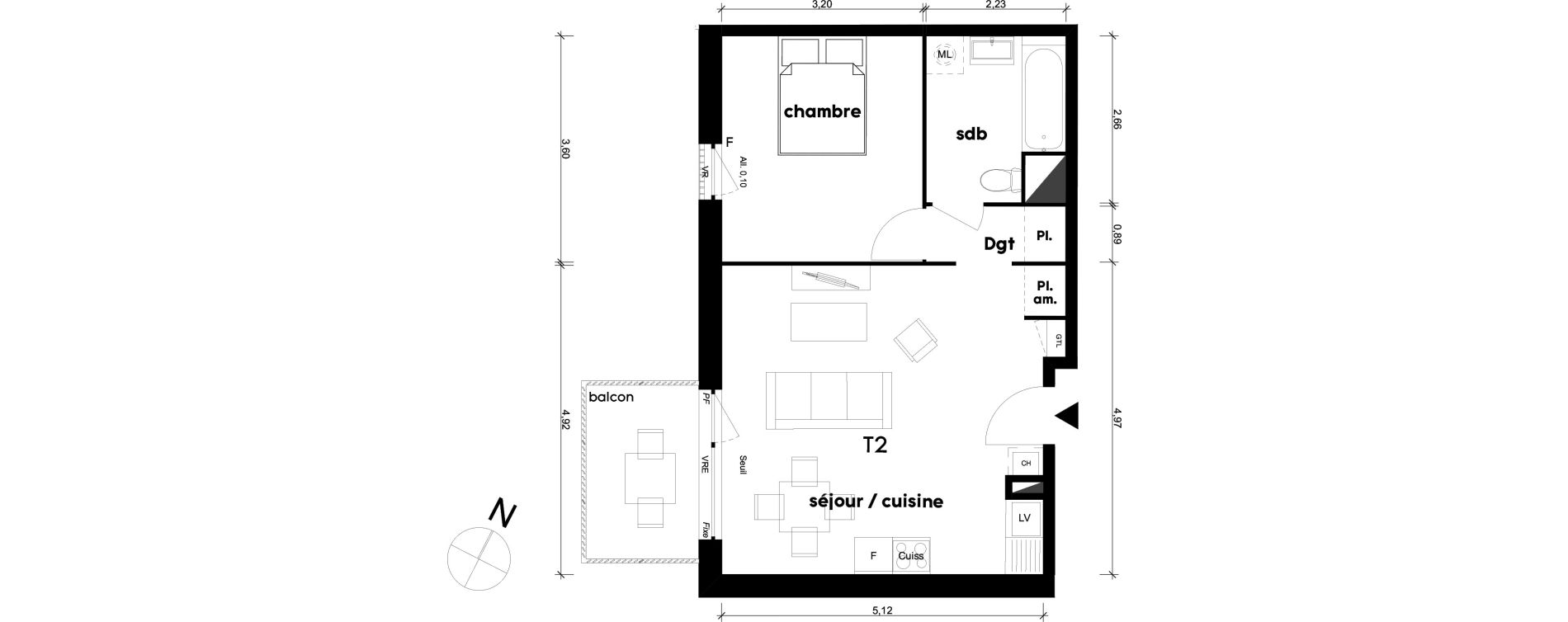 Appartement T2 de 44,13 m2 &agrave; Saint-Priest Centre