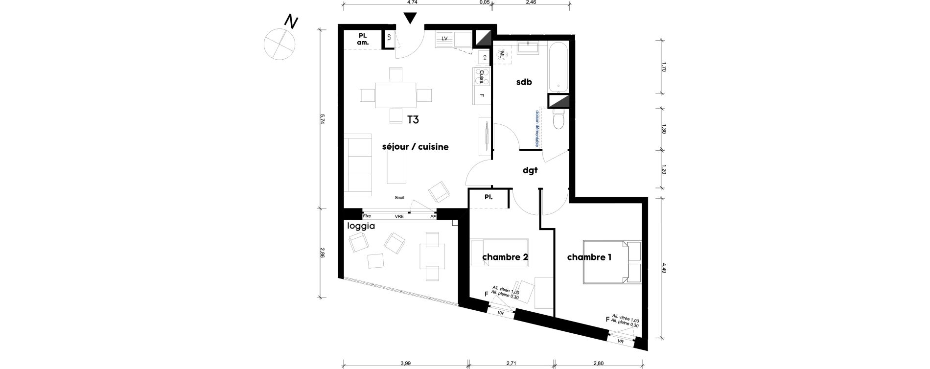 Appartement T3 de 59,40 m2 &agrave; Saint-Priest Centre