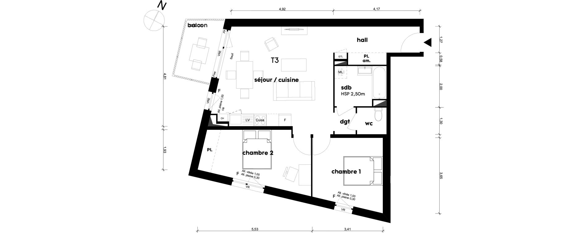 Appartement T3 de 65,43 m2 &agrave; Saint-Priest Centre