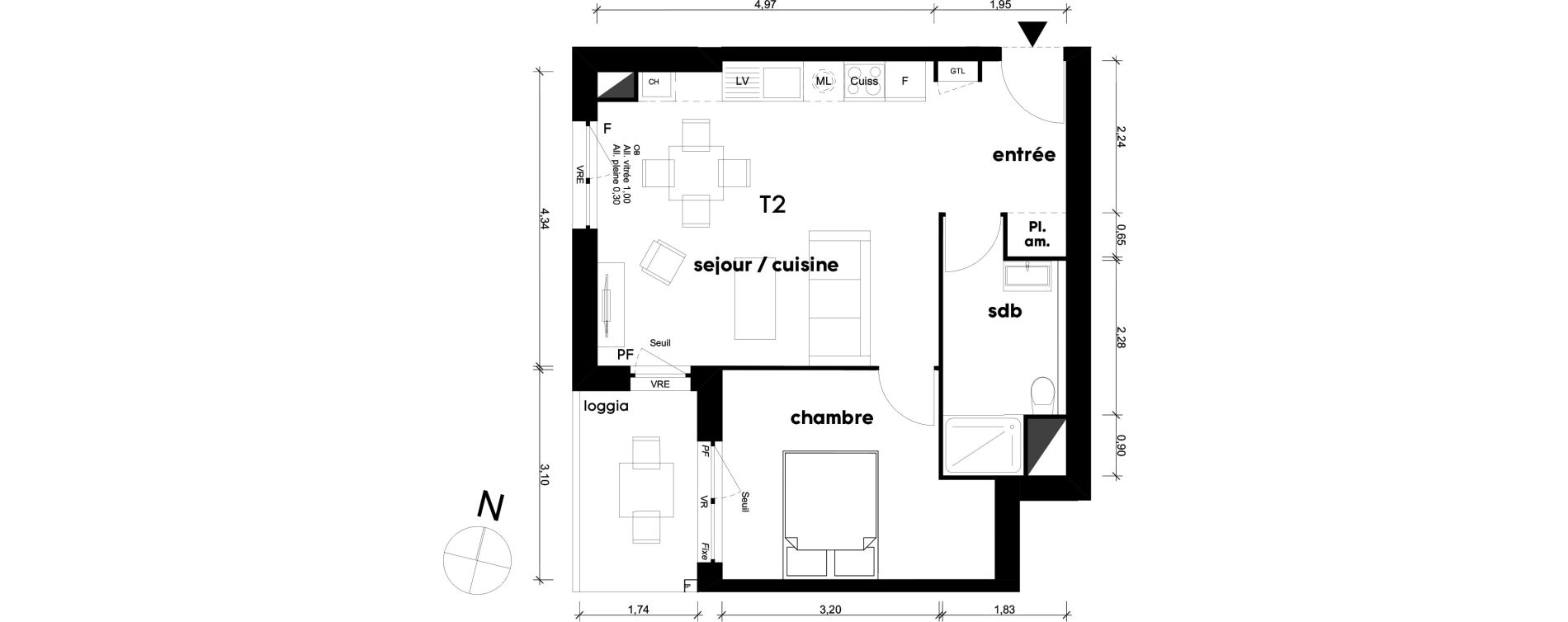 Appartement T2 de 43,70 m2 &agrave; Saint-Priest Centre