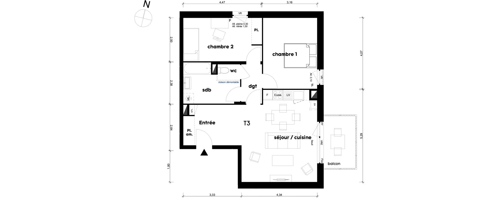 Appartement T3 de 62,95 m2 &agrave; Saint-Priest Centre