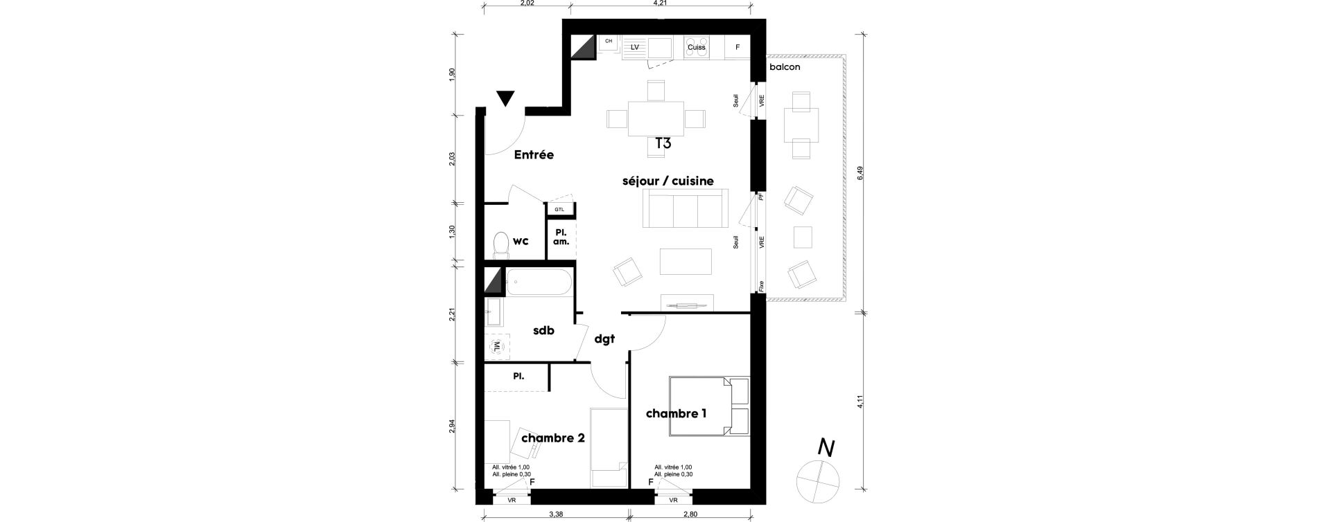 Appartement T3 de 60,38 m2 &agrave; Saint-Priest Centre