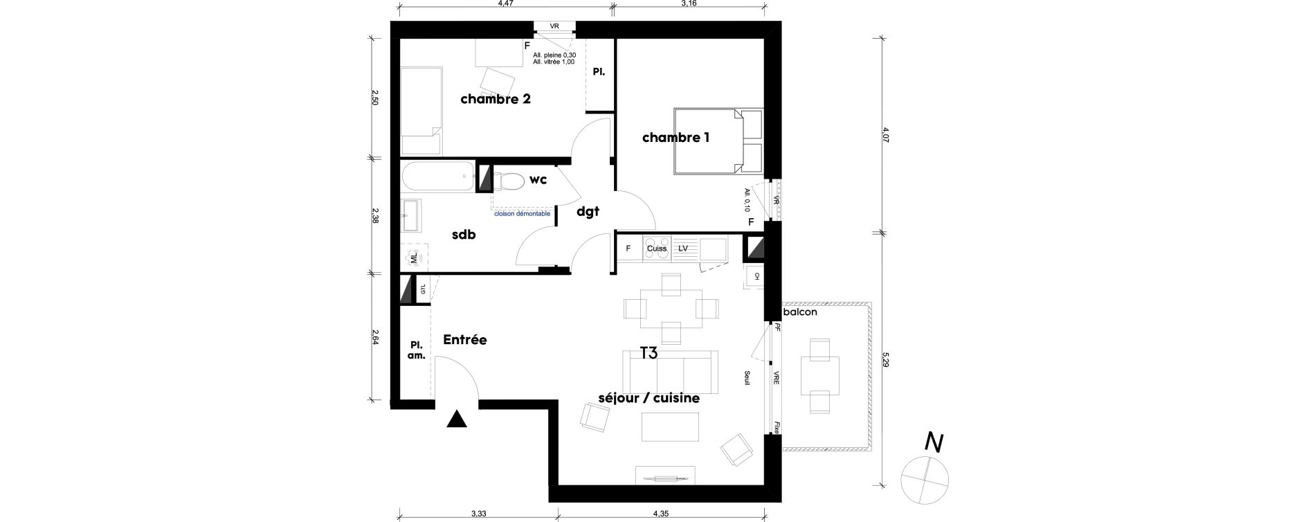 Appartement T3 de 64,01 m2 &agrave; Saint-Priest Centre