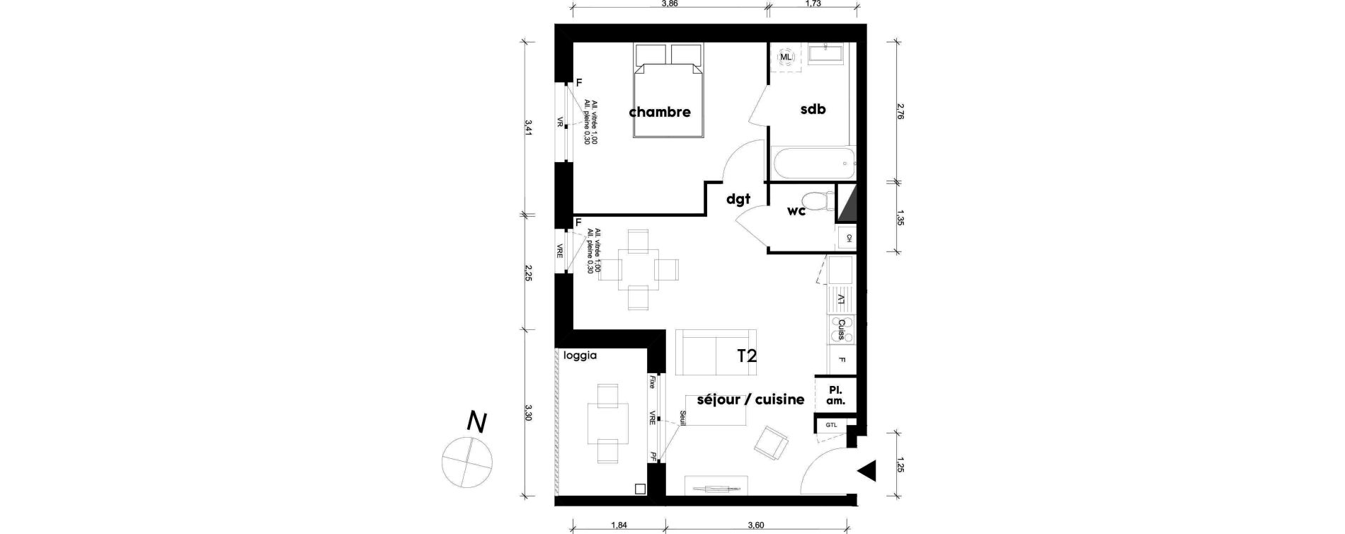 Appartement T2 de 43,15 m2 &agrave; Saint-Priest Centre