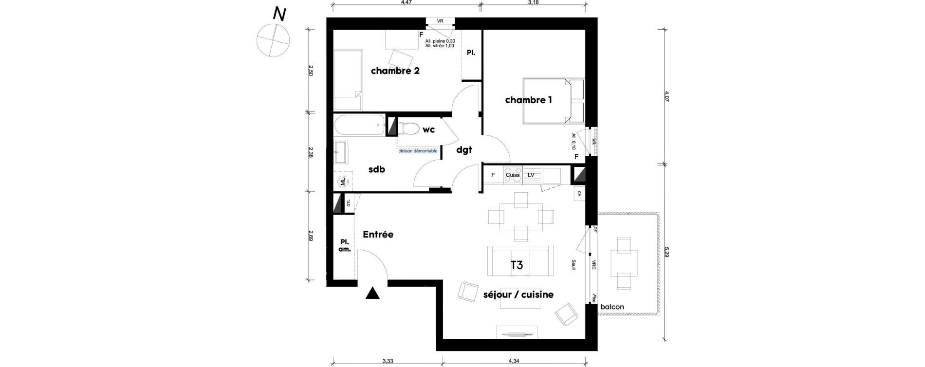 Appartement T3 de 63,97 m2 &agrave; Saint-Priest Centre
