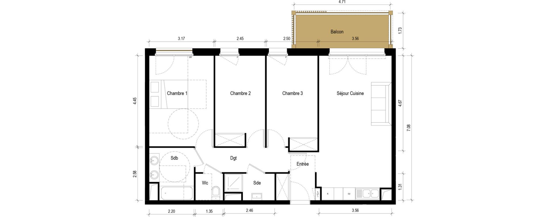 Appartement T4 de 80,80 m2 &agrave; S&eacute;r&eacute;zin-Du-Rh&ocirc;ne Centre