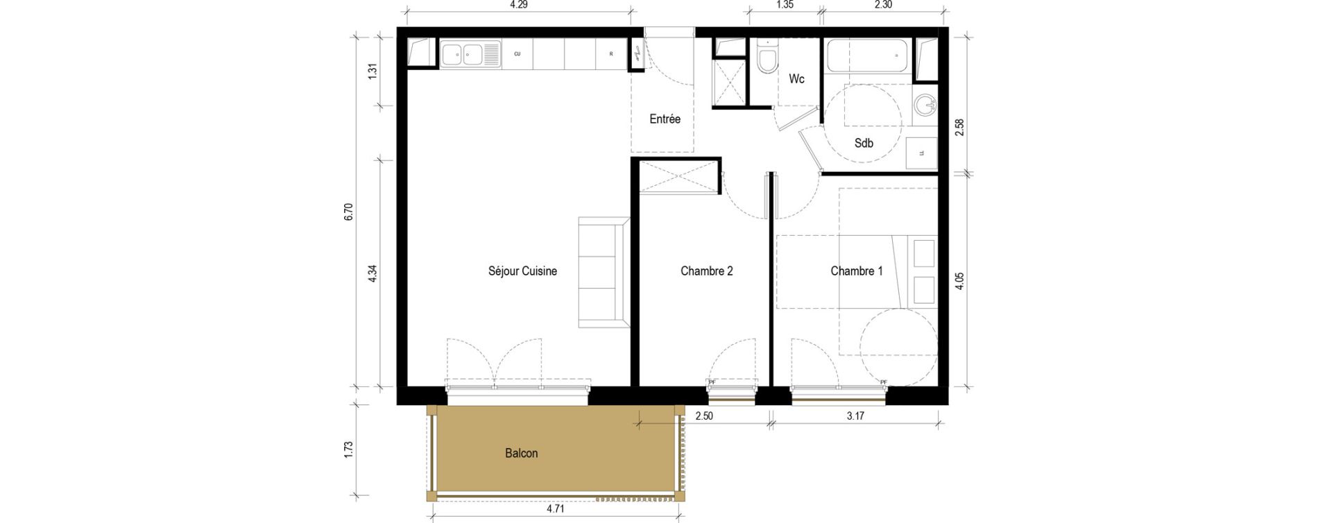 Appartement T3 de 65,20 m2 &agrave; S&eacute;r&eacute;zin-Du-Rh&ocirc;ne Centre