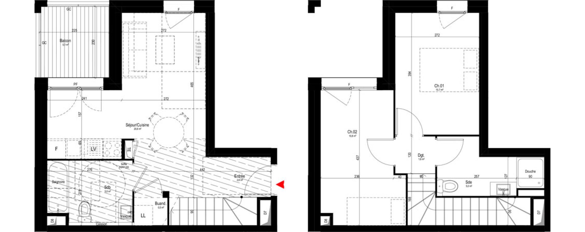 Duplex T3 de 57,30 m2 &agrave; Vaulx-En-Velin Mas du taureau