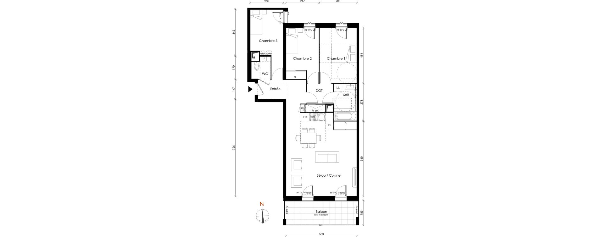 Appartement T4 de 80,91 m2 &agrave; Vaulx-En-Velin Carre de soie