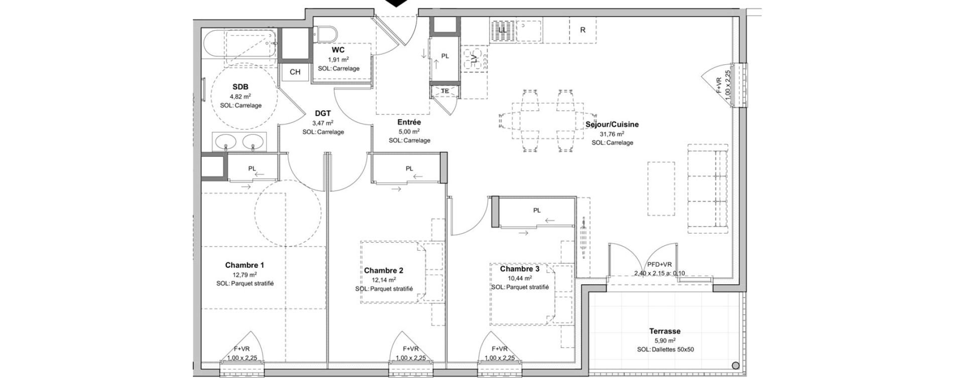 Appartement T4 de 82,33 m2 &agrave; V&eacute;nissieux Moulin a vent