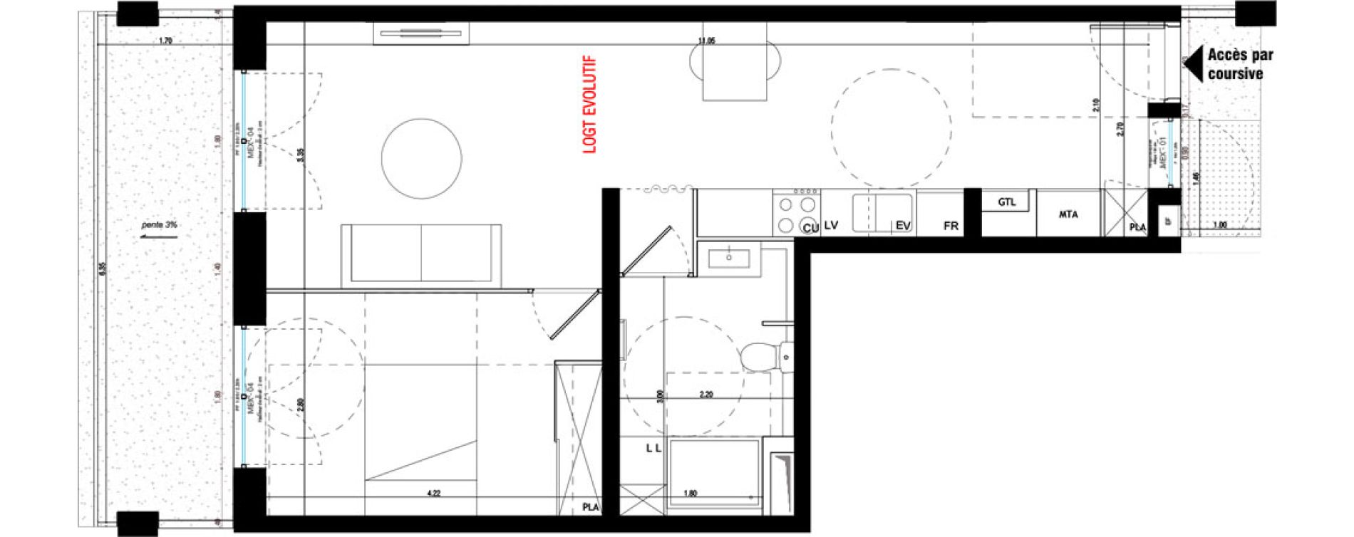 Appartement T2 de 50,70 m2 &agrave; V&eacute;nissieux Grand parilly
