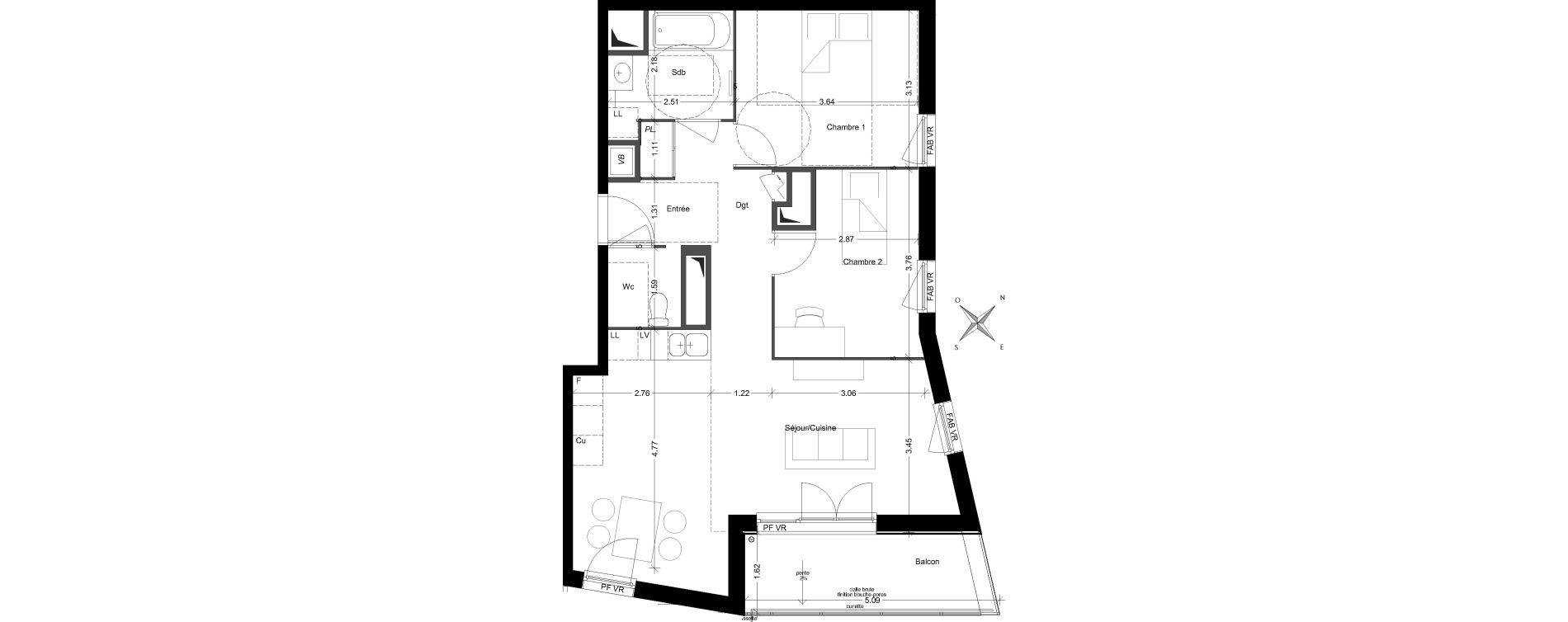 Appartement T3 de 65,90 m2 &agrave; V&eacute;nissieux Grand parilly