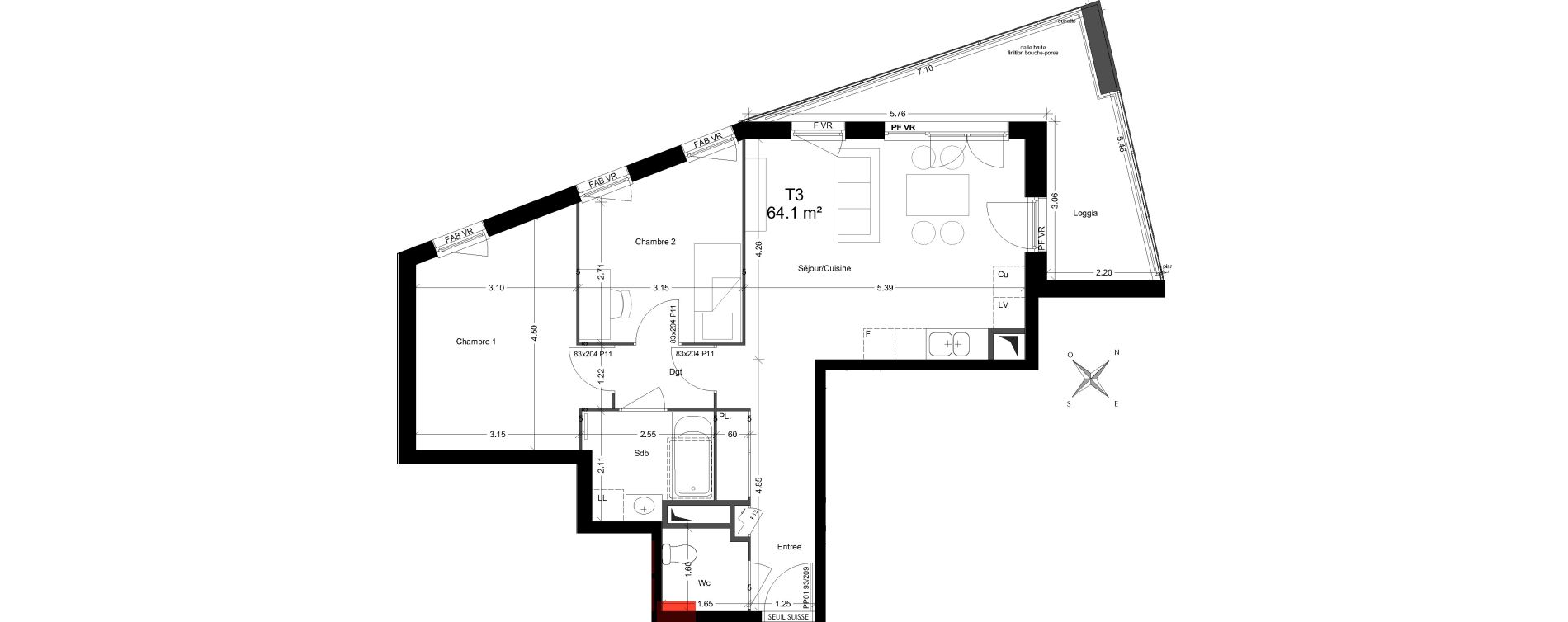 Appartement T3 de 63,90 m2 &agrave; V&eacute;nissieux Grand parilly