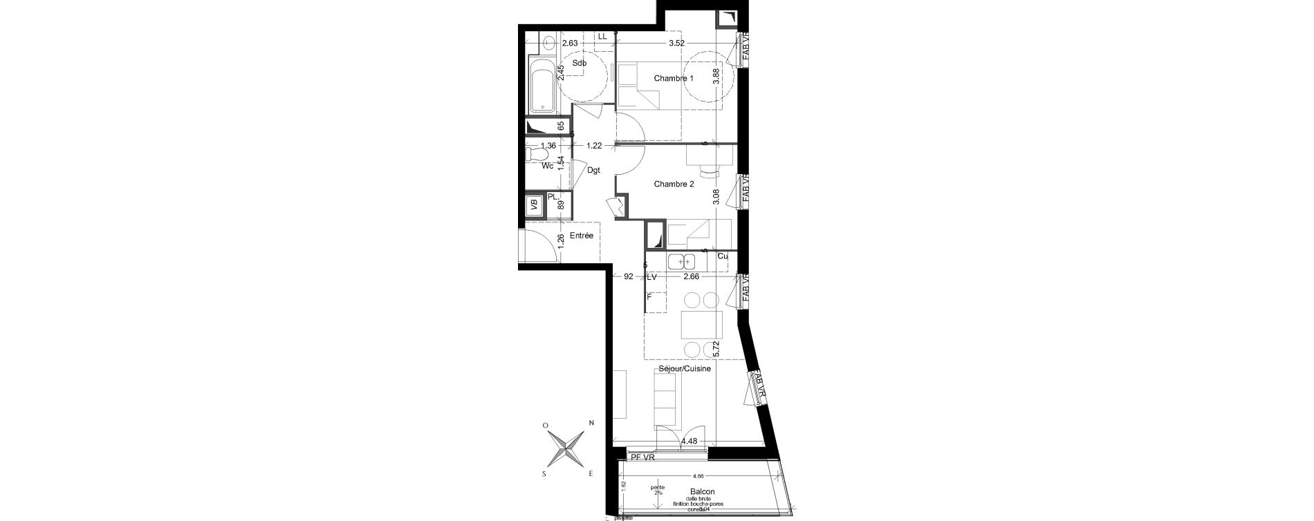 Appartement T3 de 60,40 m2 &agrave; V&eacute;nissieux Grand parilly