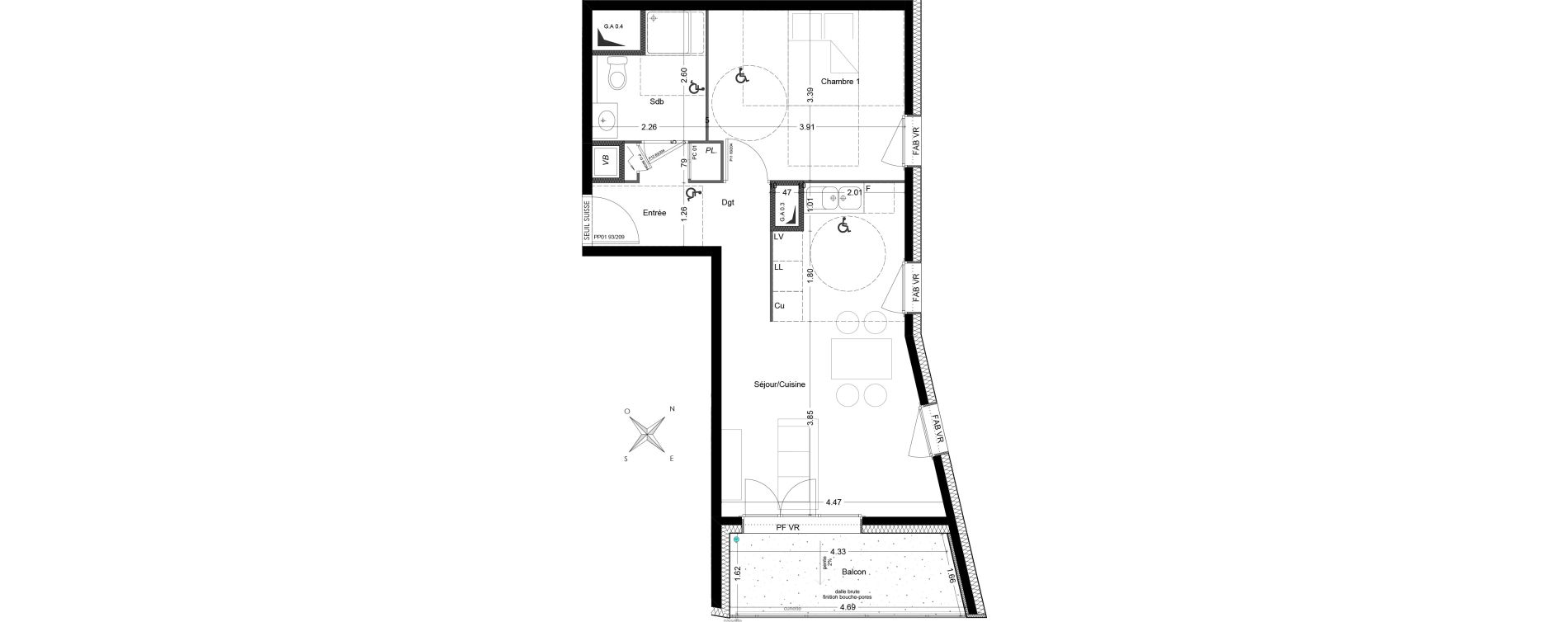 Appartement T2 de 47,40 m2 &agrave; V&eacute;nissieux Grand parilly