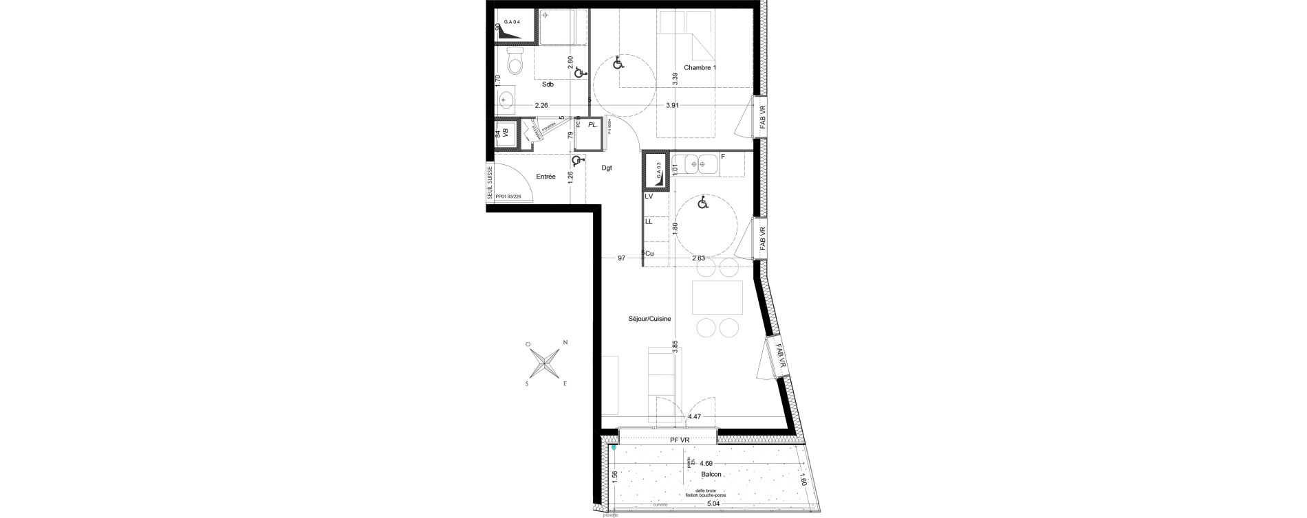 Appartement T2 de 47,40 m2 &agrave; V&eacute;nissieux Grand parilly