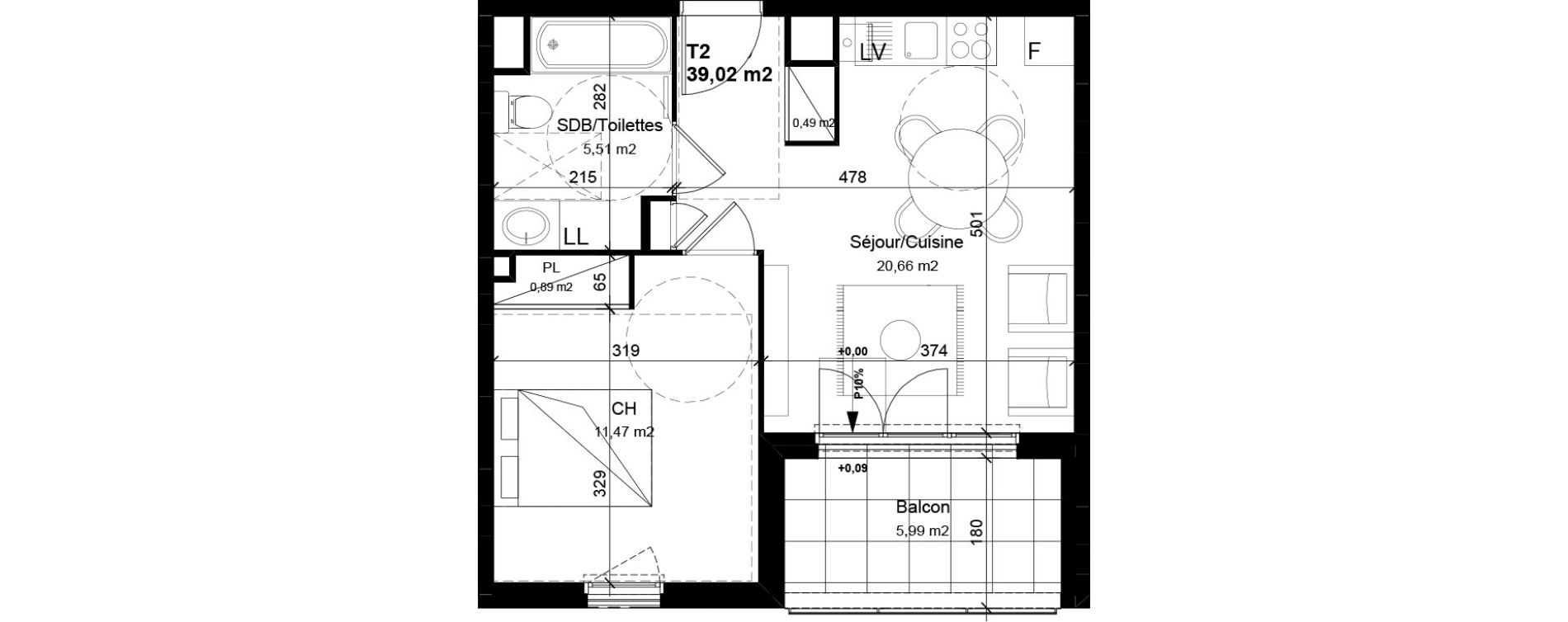 Appartement T2 de 39,02 m2 &agrave; V&eacute;nissieux Centre